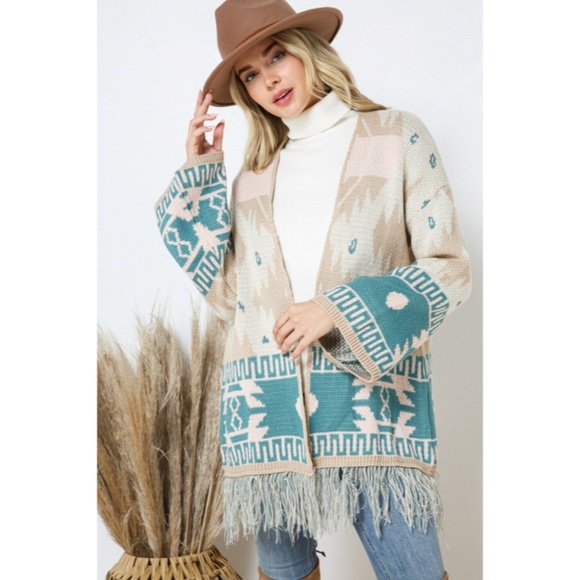 SOLD OUT Taupe Teal Bell Sleeve Aztec Western Tribal Fringe Knit Boho Cardigan - Picture 4 of 10